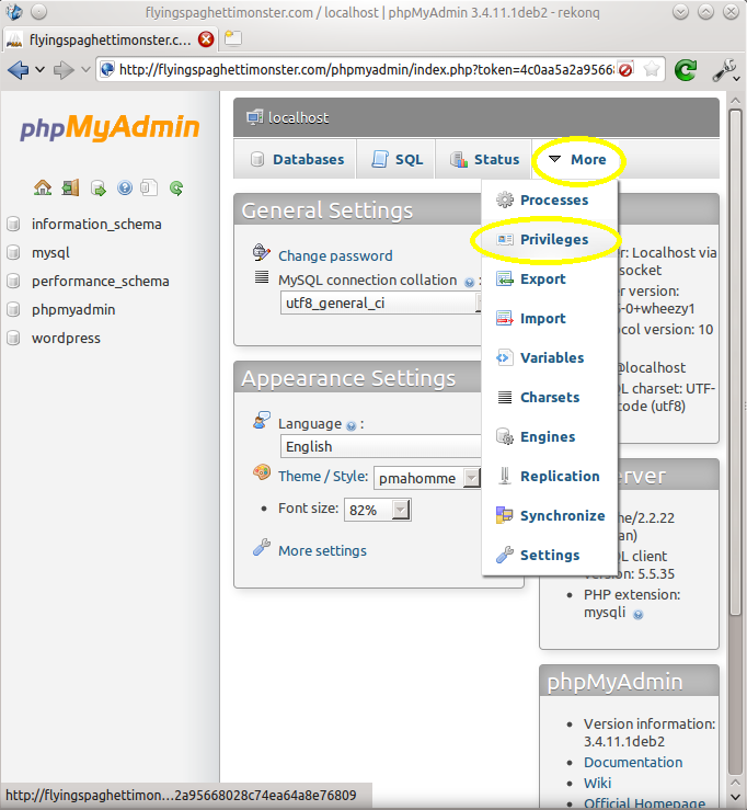 Navigate to the privileges section of phpMyAdmin